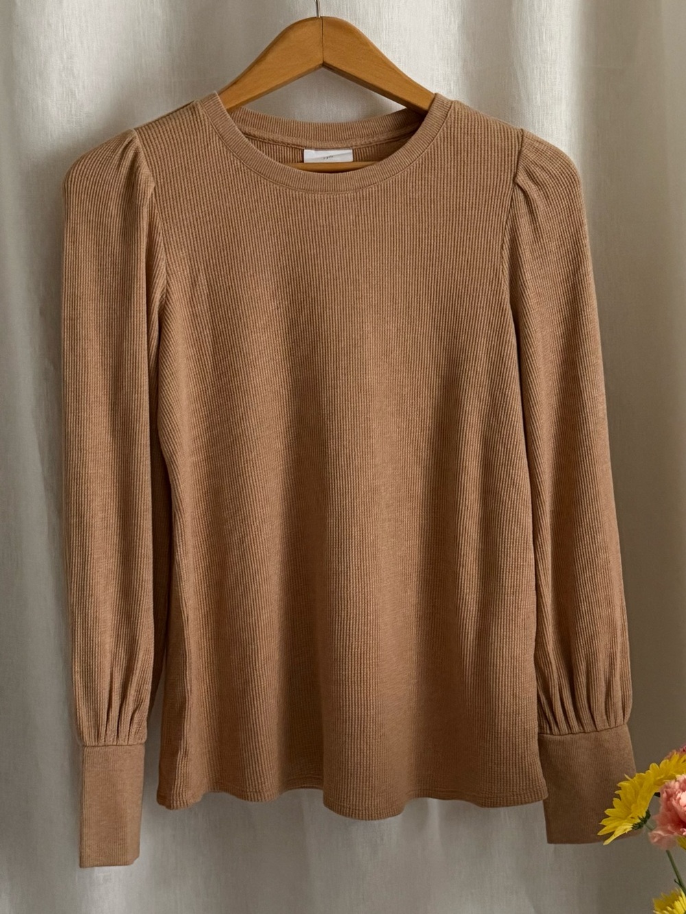 NWOT J.Jill Wheat Tan Button Cuff Waffle Knit Puff Sleeve Top XS Cozy Fall